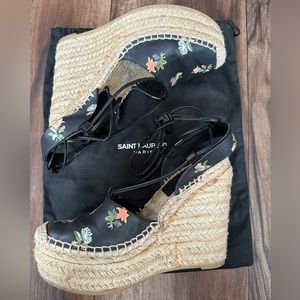 Saint Laurent Black Leather Floral Espadrilles Sz 36